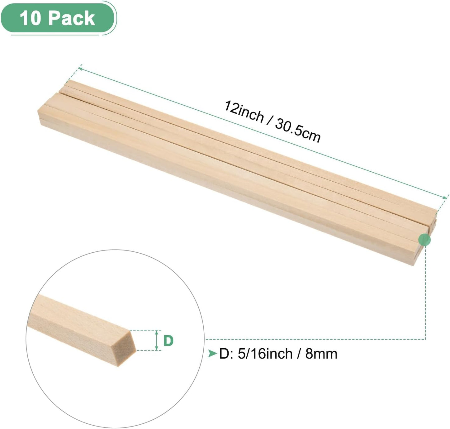 10-Pack Wood Square Dowel Rods, 5/16 x 12 Inch Unfinished Wooden Square Dowel Rod, Hardwood Square Dowel Sticks for Crafts/DIY Projects/Models Making [Wood Color]