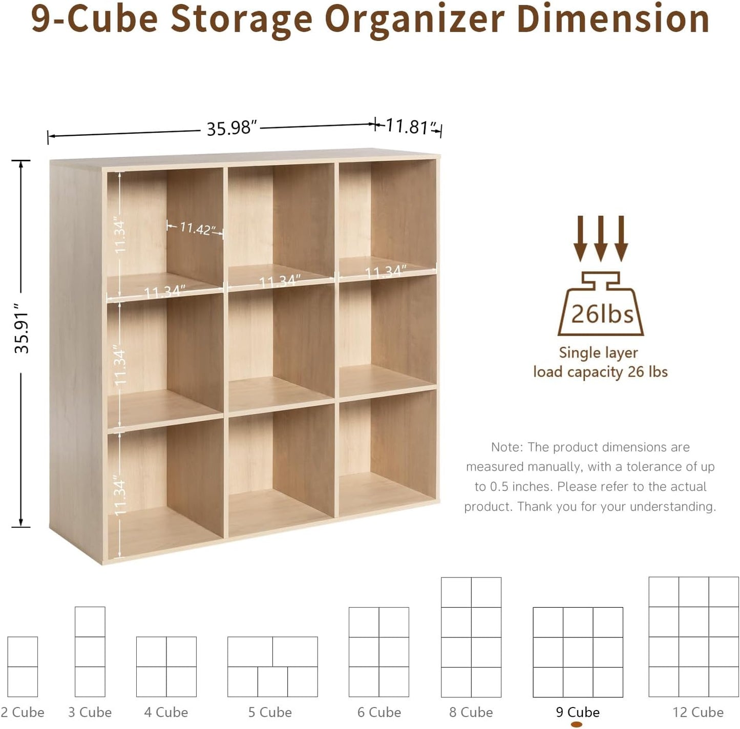 Wooden 9-Cube Storage Organizer with Closed Back Panel, 11in Cube Shelf Opening, Bookshelf, Display Shelf,Closet Cabinet for Home and Office,White Oak
