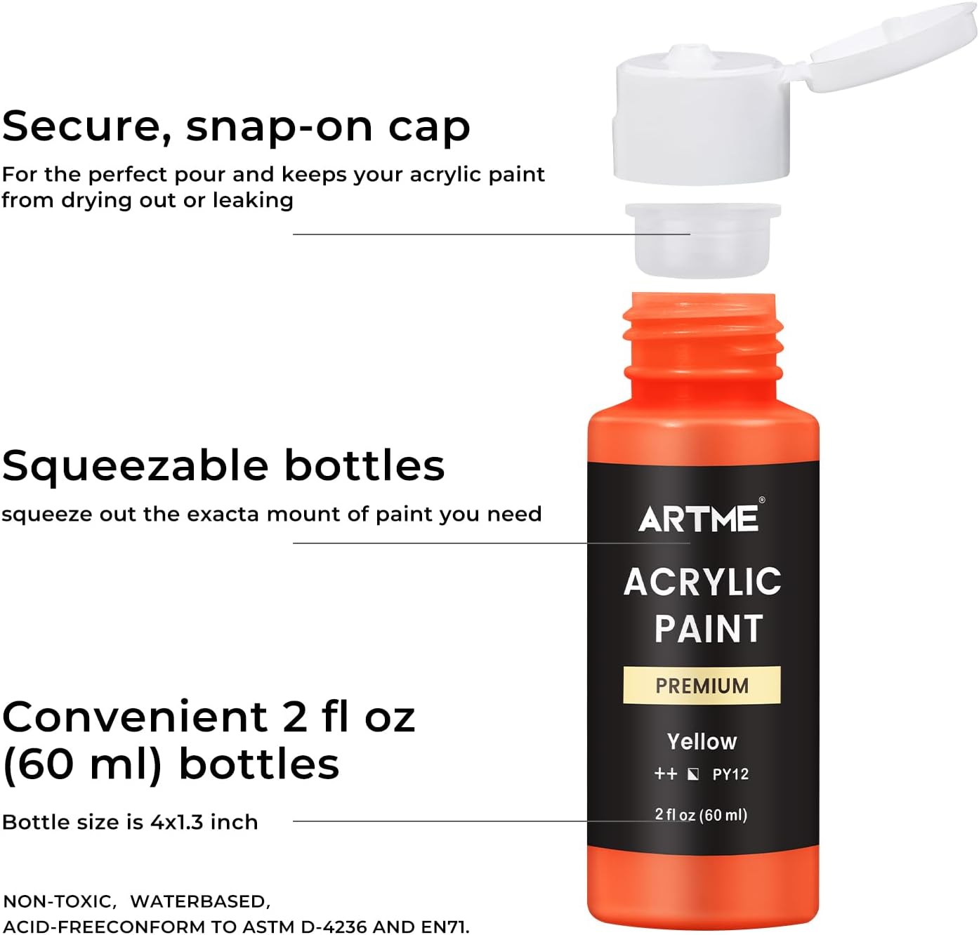 ARTME Acrylic Paint Set, 60 Colors in 2oz/60ml Bottles, Non Toxic, Waterproof, Rich Pigments Acrylic Paint for Artists, Students, Beginners Painting on Rocks Canvas Wood Clay Fabric Ceramic Crafts