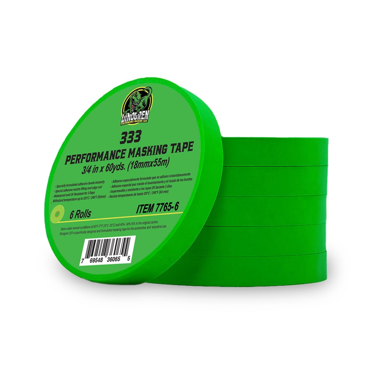 LAUCO DINOGREN High Performance Masking Tape for Car Paint, Heat & Water Resistant, Multi-Purpose Green (0.75 in (6 Rolls))