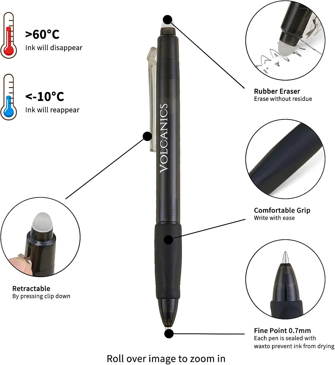 Volcanics Retractable Erasable Gel Pens Black 12 Pack, Click Erasable Gel Ink Pens for Smooth Writing & Easy Erasing, Refillable Erasable Click Pens for School Office Supplies