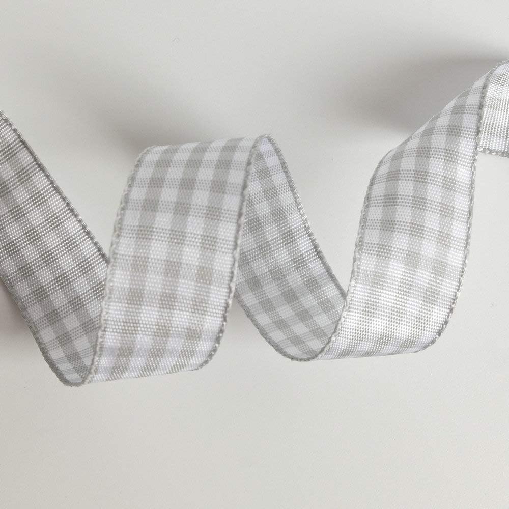 Gingham Ribbon - Gray and White, 25 Yards Each Roll, 100% Polyester (5/8")