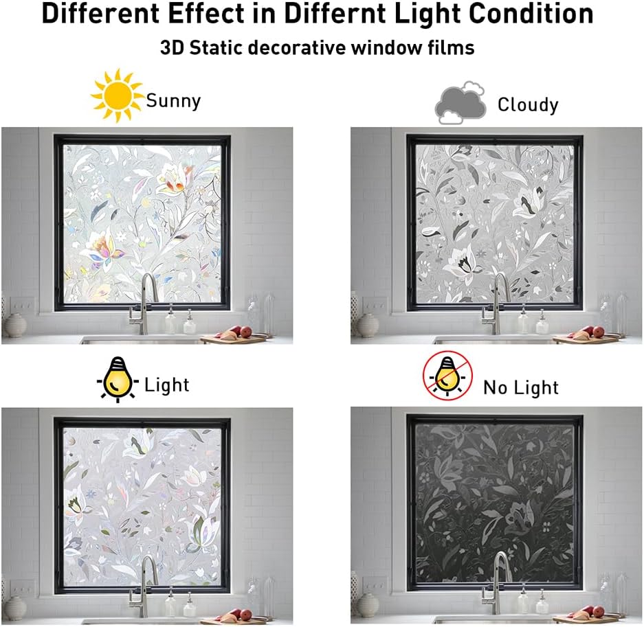 NINETREX Window Privacy Film,3D Stained Glass Window Film,Decorative Window Covering Sun Blocking Vinyl Static Cling Anti-UV Heat Control for Home Decor,Tulip 23.6 x 78.7inch