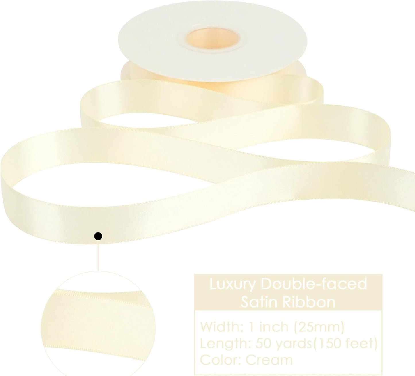 HUIHUANG Cream Ribbon 1 inch x 50 Yards Ivory Double-Faced Polyester Silk Satin Ribbon for Gift Wrapping, Wedding Invitations, Hair, Bows Making, Holiday Decor, Floral Arrangement