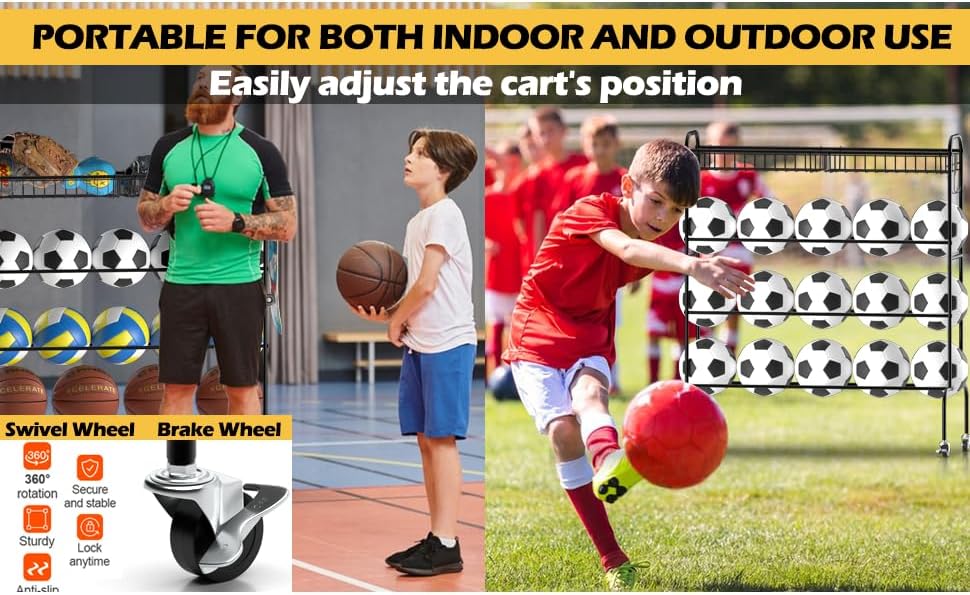 Ball Storage - 22.83" Basketball Cart With Wheels Garage Volleyball Storage Sport Equipment Holder Organizer For Indoor Outdoor,Metal Storage Rack For Playgroup,Gym And School