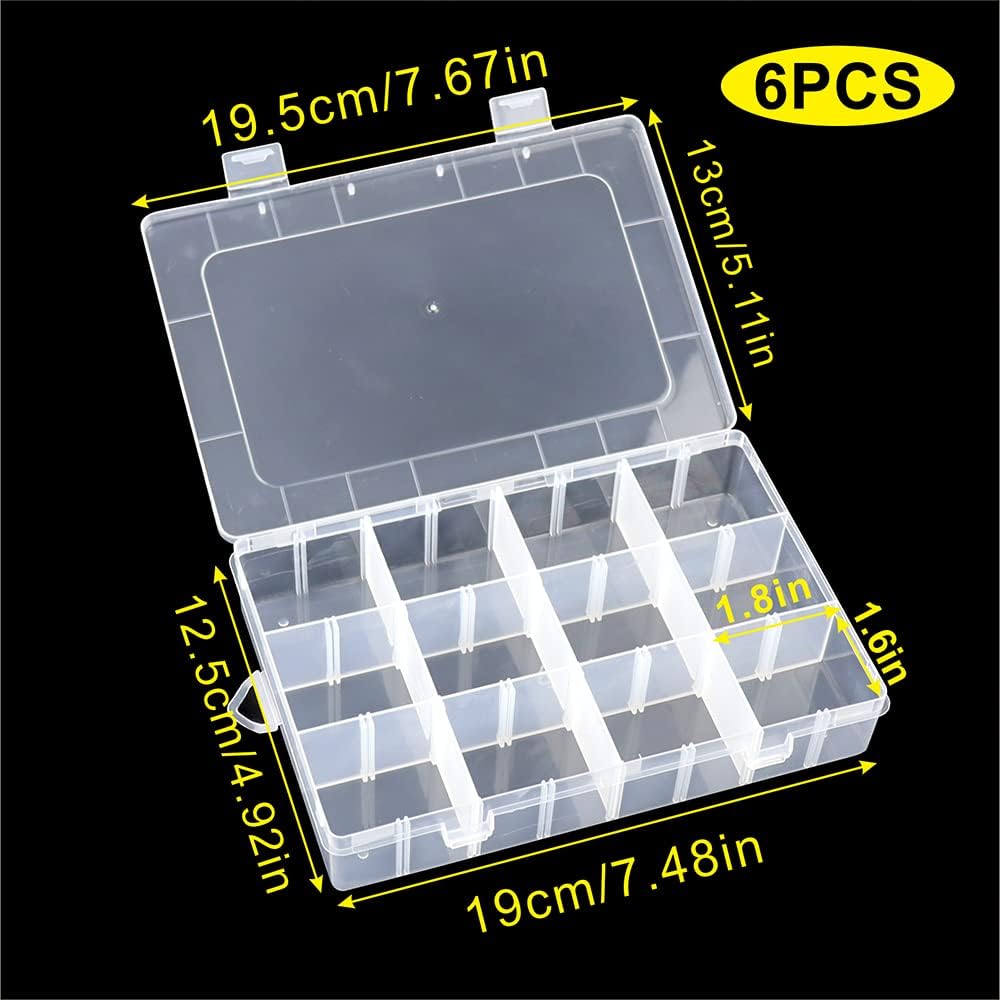 6 Pack Organizer Box with Parkical Adjustable Dividers, 12 Grids Plastic Storage Container for Jewelry, Craft DIY, Bead Organizer, Sewing, Dip Powder, Hair Accessories