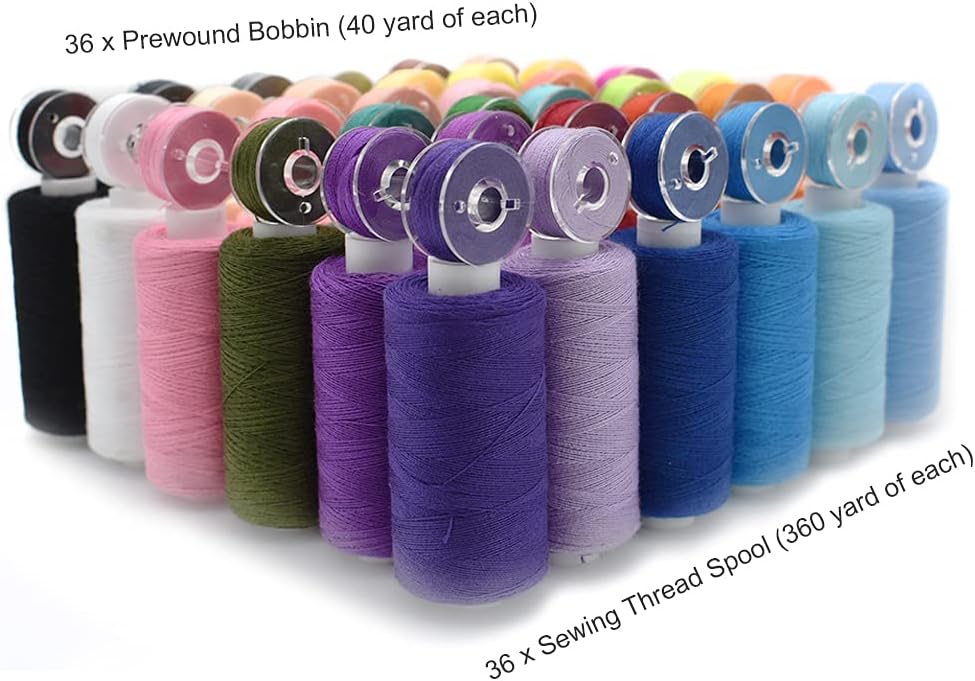 72Pcs Bobbins Sewing Threads Kit, 36 Colors Spools 360Yards per Polyester Thread, 36 Colors Prewound Bobbin with Case for Hand Machine Sewing