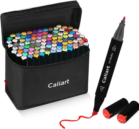Caliart Markers, 100 Colors Dual Tip Art Markers Sketch Pens Permanent Alcohol Based, with Case for Adult Artist Halloween Drawing Sketching (Black Barrel)