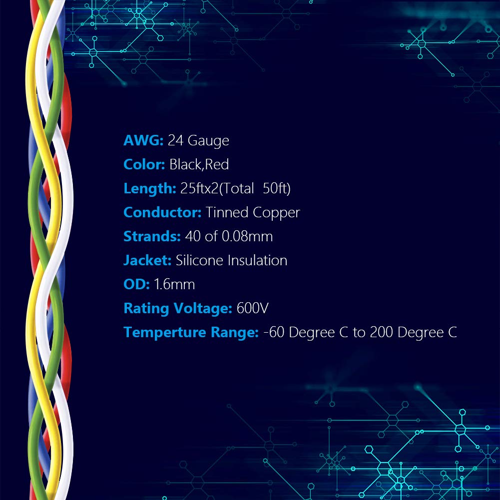 Fermerry 24 AWG Stranded Wire Spool 25ft Each 6 Colors Flexible 24 Gauge Silicone Hook up Wire Kit Electrical Tinned Copper Wire