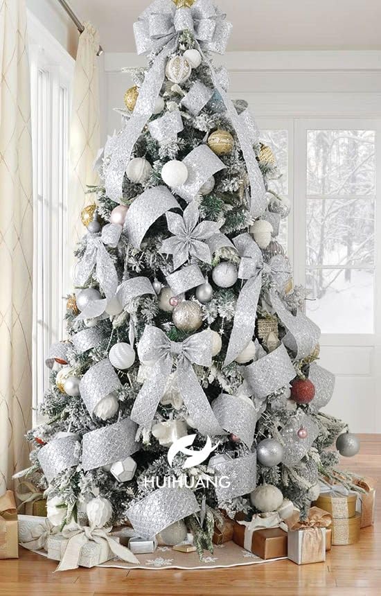 HUIHUANG Silver Glitter Wired Ribbon for Christmas Tree 2.5 inch Silver Diamond Mesh Ribbon for Tree Decoration, Wreaths, Garland, Gift Wrapping, Large Bows Making, Home Decor -10 Yards
