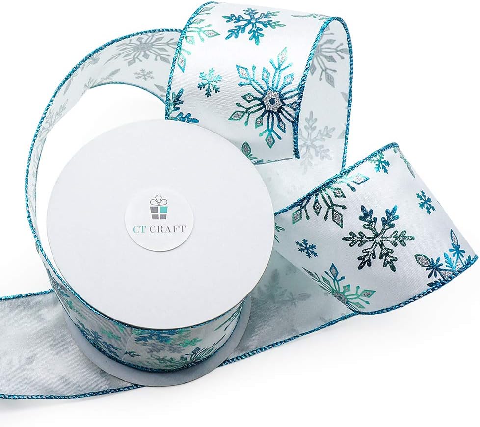CT CRAFT LLC Satin with Blue Snowflake Wired Ribbon 2.5 Inch x 10 Yards for Christmas Home Decor Tree Topper Bow Gift Wrapping DIY Crafts Wreath Garland
