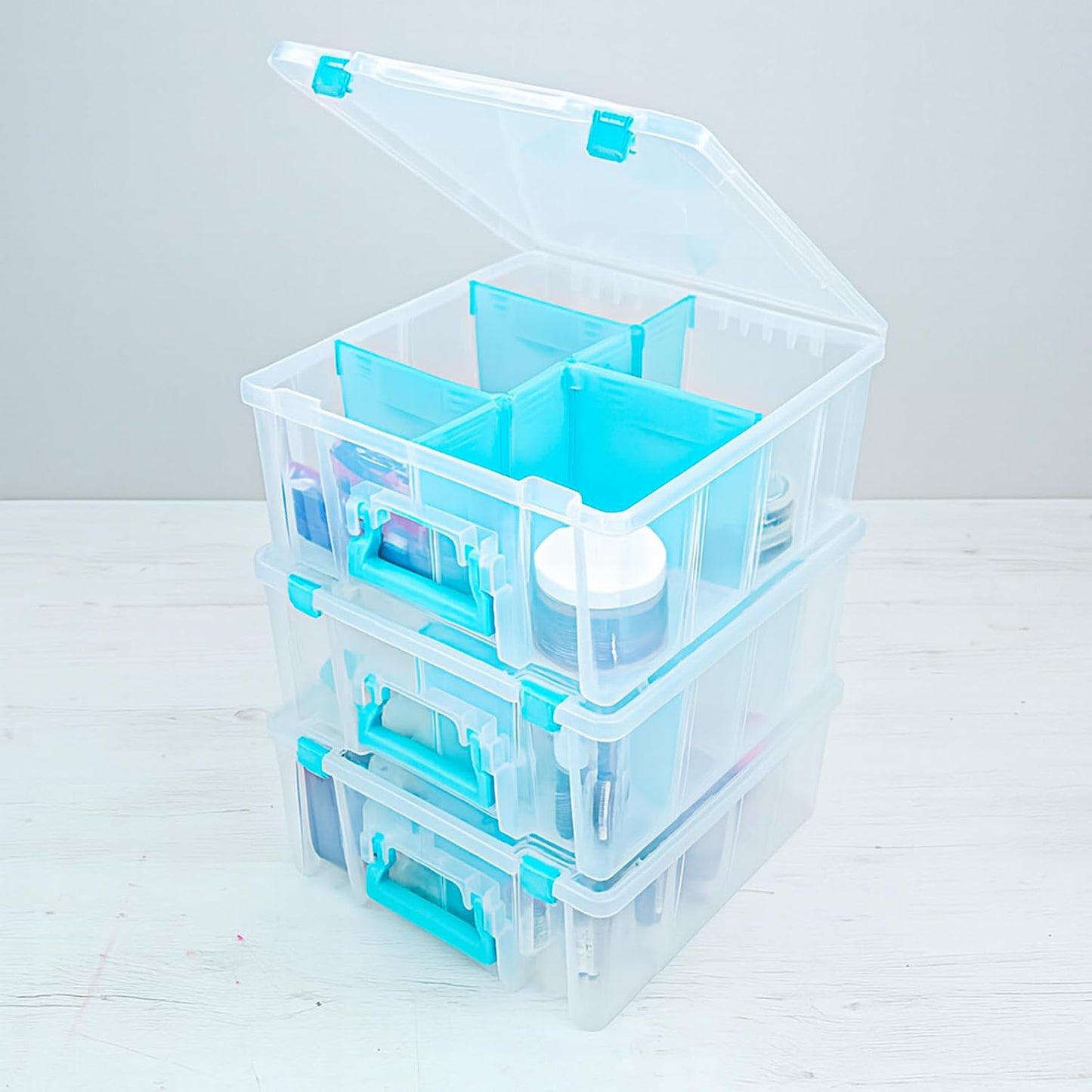 ArtBin 6990RH-AMZ Super Satchel Double Deep Compartment Box - Art Storage with 8 Removable Compartments, Smart Closure for Craft Supplies (Aqua- Pack of 3)