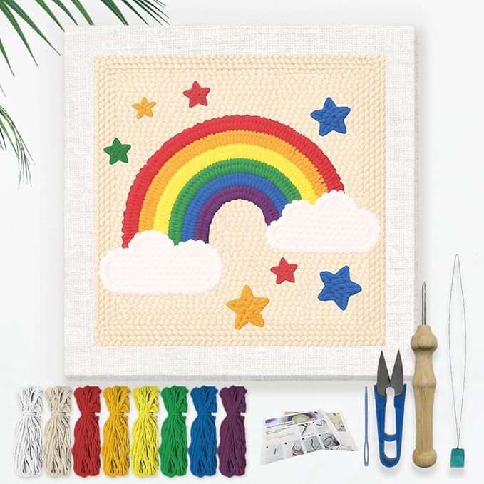 Doodlream Rainbow Star DIY Punch Needle Embroidery Kit for Adult Beginner, 9.4" Rainbow Punch Stitching Craft Set for Starter with Frame, Fabric Pattern, Threader, Yarn, Pinch Needle