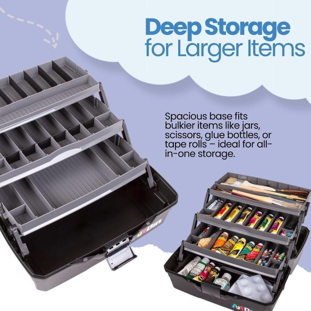 ArtBin 3-Tray Art Supply Box Versatile Organizer for Brushes, Paints, Stamps, and More - Durable Hard Plastic, Secure Closure, Portable with Top Trays and Dividers