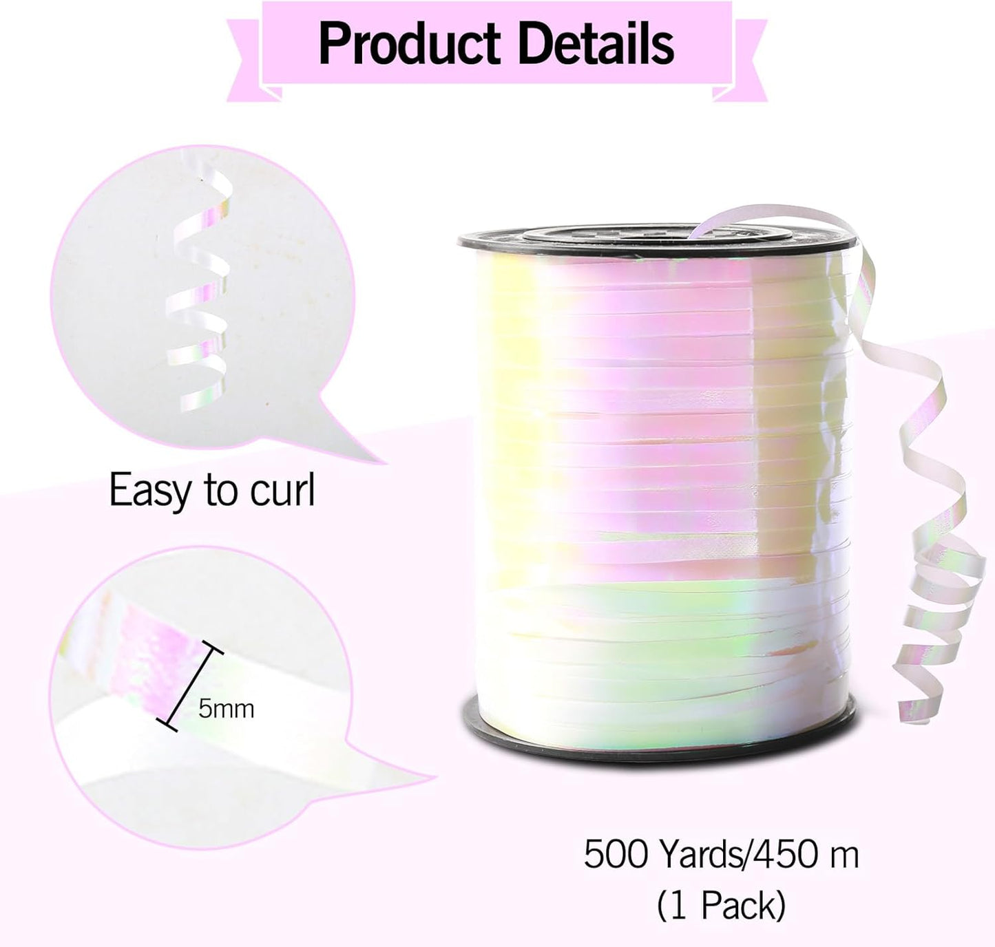 500 Yard Curling Ribbon, 3/16" White Gradient Curly Ribbons for Crafts, Balloon String Ribbon for Balloons, Gift Wrapping Ribbons for Christmas Halloween Birthday Party Decorations