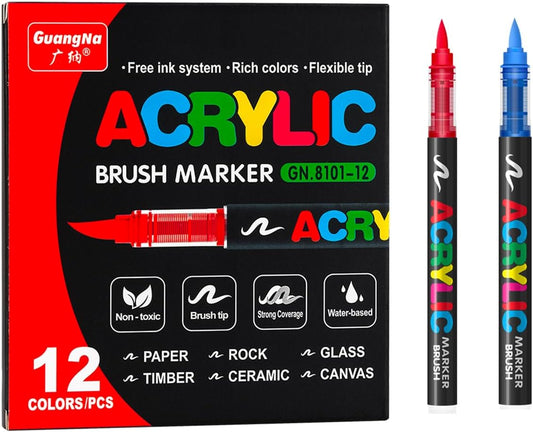 Acrylic Paint Markers Pens, 12 Vivid Colors Acrylic Markers Set,Direct Liquid Type, Stackable Color, Odorless Soft Head，Markers for School，Tooli Art ，Fabric & Creative Crafts (12)