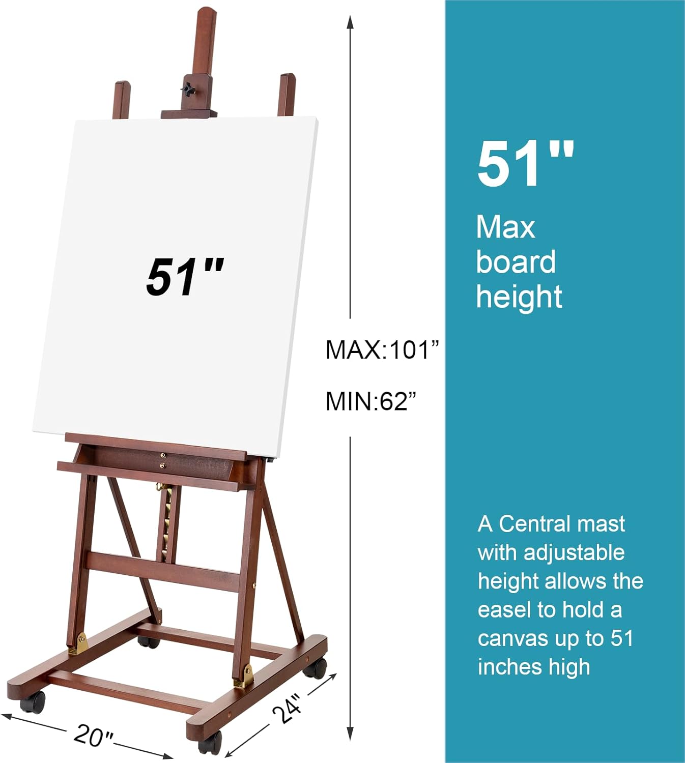 H-Frame Studio Easel, Beechwood Artist Easel with Wheels and Storage Tray, Adjustable Floor Easel Stand Holding Canvas up to 51Inches for Painting, Brown