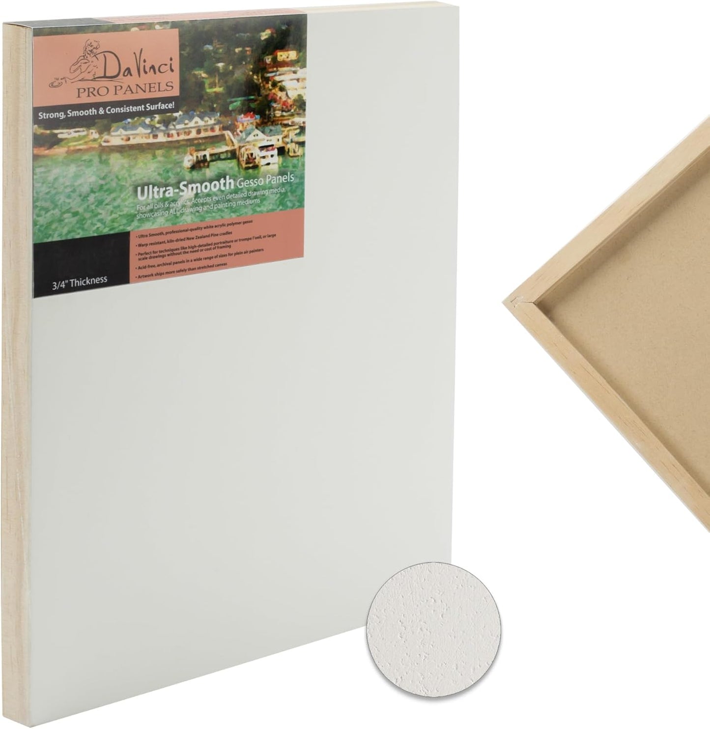 Da Vinci Pro Ultra Smooth Wood Canvas Gesso Board - 3/4" Deep, 18x18 Pack of 4 Single White Acrylic Polymer Gesso Panels for Painting Fine Portraits and Ultra Fine Detail Illustrations and Artwork