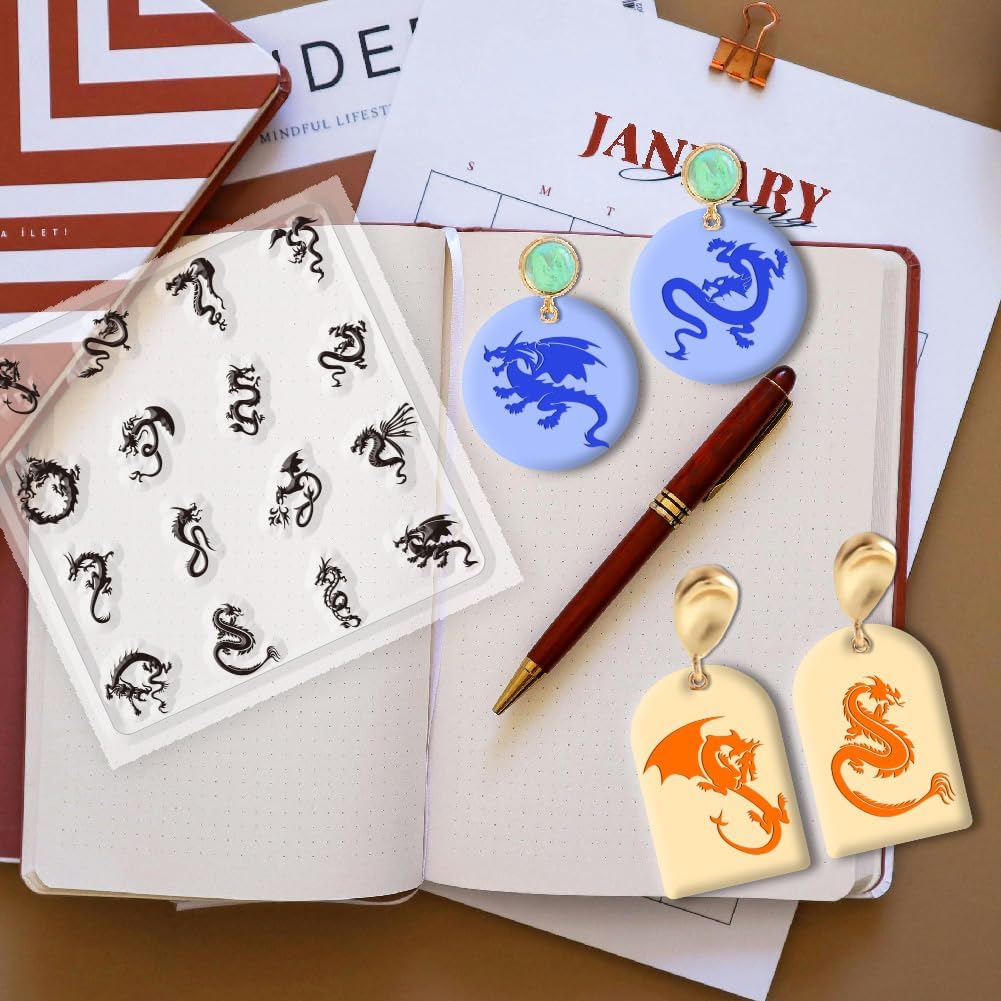 CHGCRAFT Dragon Polymer Clay Texture Sheets Clear Clay Silicone Texture Sheets Silicone Texture Stamp Sheets for DIY Crafts Projects and Making Earrings Jewerly, 5.5x5.5inch