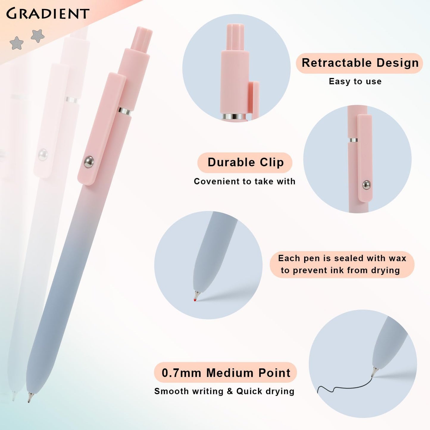 Gel Pens, 5Pcs Smooth Writing Medium Point 0.7mm Pens for Journaling, Black Ink Cute Stationary Office Desk Accessories, Aesthetic School Office Supplies for Women (5Pcs Gradient-Black Ink)