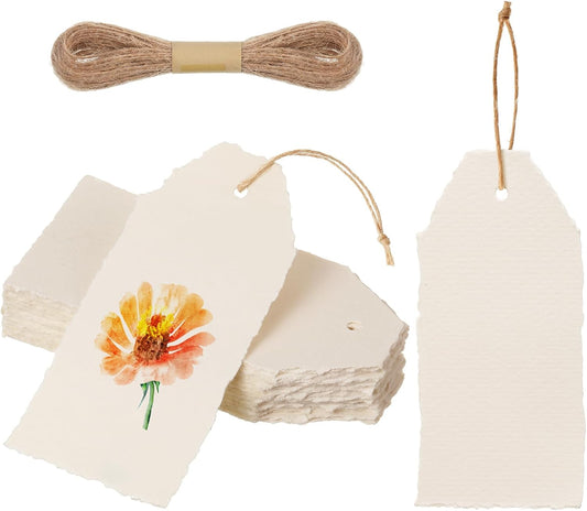50 Pack Handmade Vintage Deckle Edge Tags with String 3.75 x 1.75 Thick 160 GSM Cotton Gift Tags with String Attached for Name Cards Place Cards Arts Crafts Gift(Vintage Beige)
