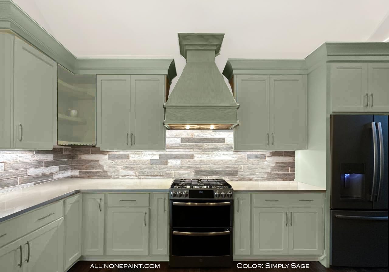 ALL-IN-ONE Paint, Durable cabinet and furniture paint. Built in primer and top coat, no sanding needed. Includes our 30 featured color card - Simply Sage (gray green), Quart