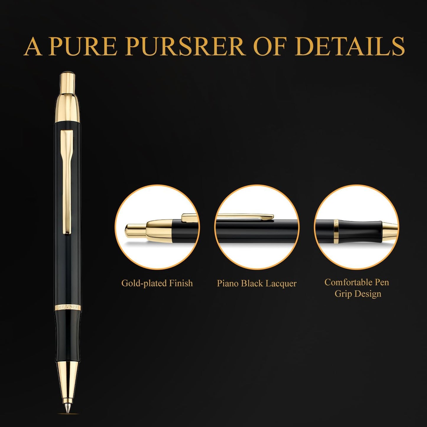 BEILUNER Luxury Gel Pen with 24K Gold Electroplating Finish, Black Piano Lacquer, Luxury Grade Craftsmanship, Best Gel Pen Gift Set for Men and Women