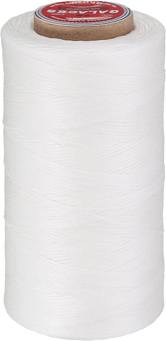 uxcell Flat Leather Sewing Waxed Thread, 270m / 295 Yards Polyester Wax String, 150D Wax Stitching Cord for Leather Crafts, Bookbinding, Bracelets Braided, White