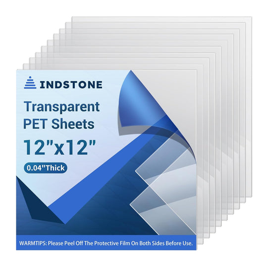 10 Pack 12”x12” x0.04” Clear PET/Plexiglass Sheet, INDSTONE Transparent Flexible Plastic Sheet 12x12, Clear Plastic Sheet for Crafts, Picture Frames, Painting, Sign Blank