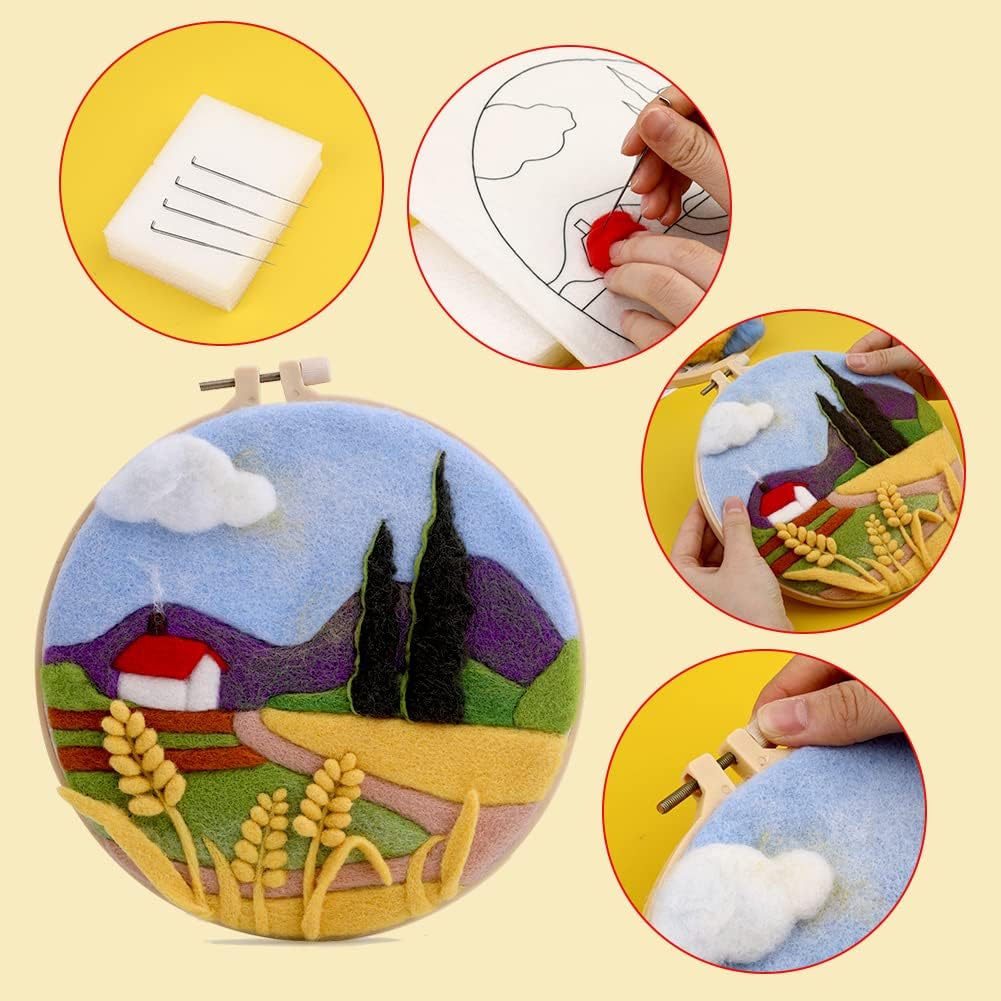 Needle Felting Kits Beginners, DIY Wool Needle Felting Starter Kit, Needle Felt Set with Picture Frame, Foam Pad, Felt Cloth and Instructions, Used for Home Decoration, Beginner, Art Craft(2 Sets)