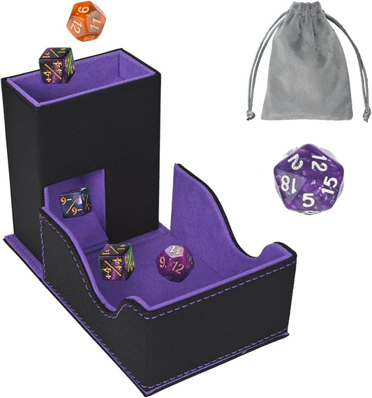 Dice Tower and Tray, Portable Commander Deck Box, Foldable Dice Storage Box for Dungeons and Dragons Rolling Tray Black/Violet