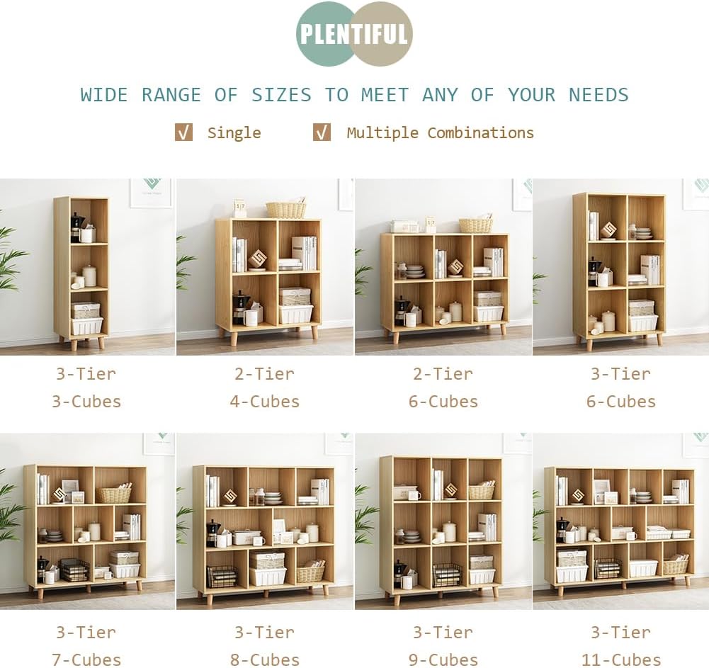 IOTXY Open Cube Low Bookcase - 3-Tier Freestanding Storage Display Cabinet Organizer with Legs for Home Office, 7-Cubes Open Shelf Short Bookshelf, Oak