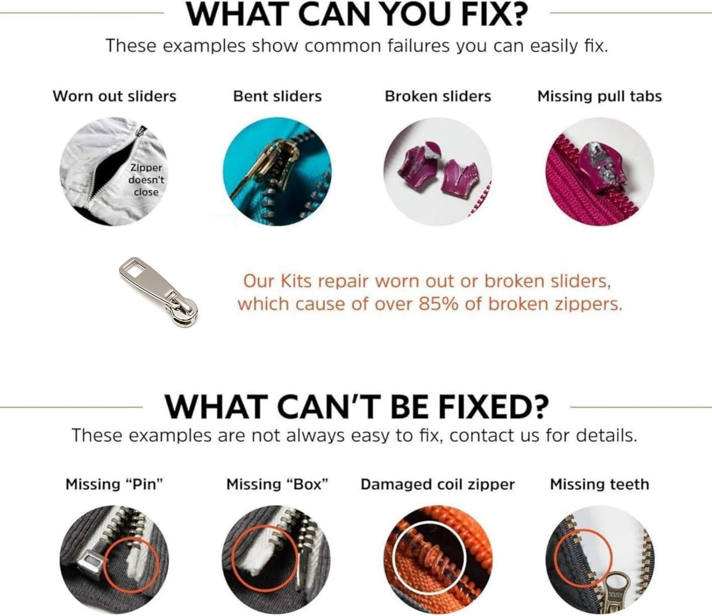 AKTIOIN Metal Zipper Repair Kit for Jackets, Luggage, Bags, Backpack, No Sewing Required Detachable Zip Heads Zipper Pull Replacement (#8 Silver)