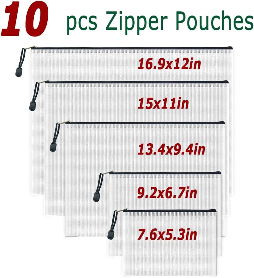 AUSTARK 10 Pcs Zipper File Bags, Waterproof Plastic Mesh Pouch for Office School, Board Game Storage Bags (Multi-Size, White and Black)