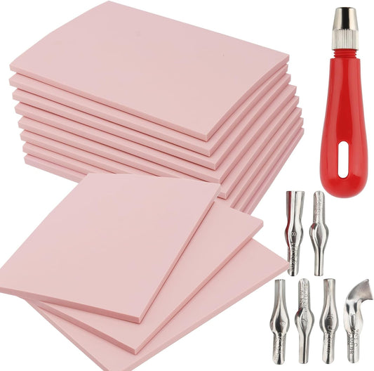 ZOENHOU 12 Pcs 4" x 6" Pink Rubber Carving Blocks, Soft Rubber Crafts Rubber Stamping Blanks with Carving Tools, Linoleum Blocks for Printmaking