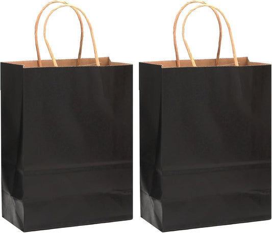 qiqee 60 pcs Kraft Bags with Handles 7.6"x4.75"x10.5" Medium Gift Paper Bag Black Solid Color Bags