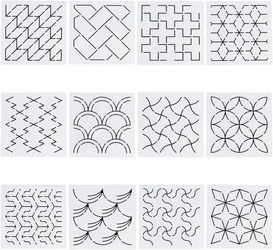 FREEBLOSS 12Pcs Sashiko Stencils Sashiko Embroidery PET Template Drawing Line Template for Hand Quilting Sashiko Patterns Templates Embroidery Stencils 5.5 * 5.5''