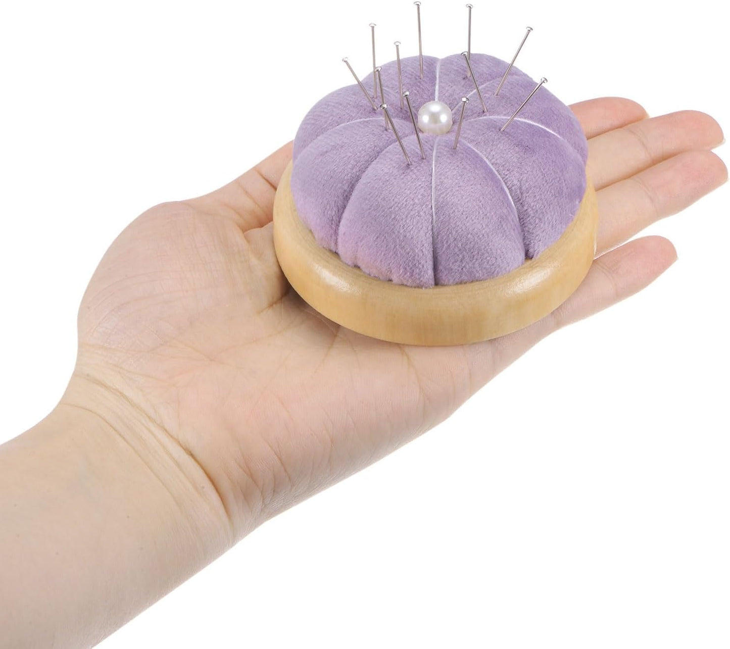 HARFINGTON Wooden Base Pin Cushion Japanese Style Cute Needle Holder Pincushions Round for Sewing Quilting Needlework DIY Crafts, Dark Green