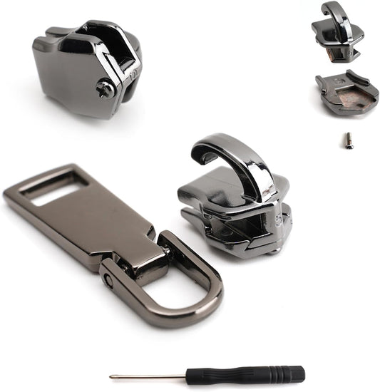 AKTIOIN Metal Zipper Repair Kit for Jackets, Luggage, Bags, Backpack, No Sewing Required Detachable Zip Heads Zipper Pull Replacement (Black, #5-2pcs)