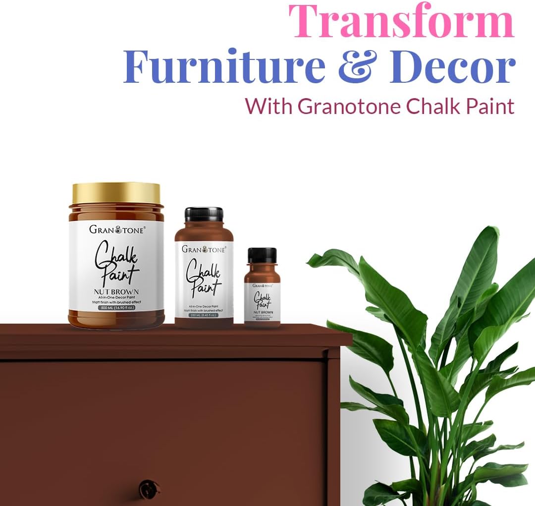 GRANOTONE Chalk Paint for Furniture | Matt-Finish Water-Based Acrylic Paint for Wood, Walls, Metal, Glass, Paper, Fabric Canvas | Maximum Coverage Chalk Paint for Kids & Adults, 120 Ml (NUT BROWN)