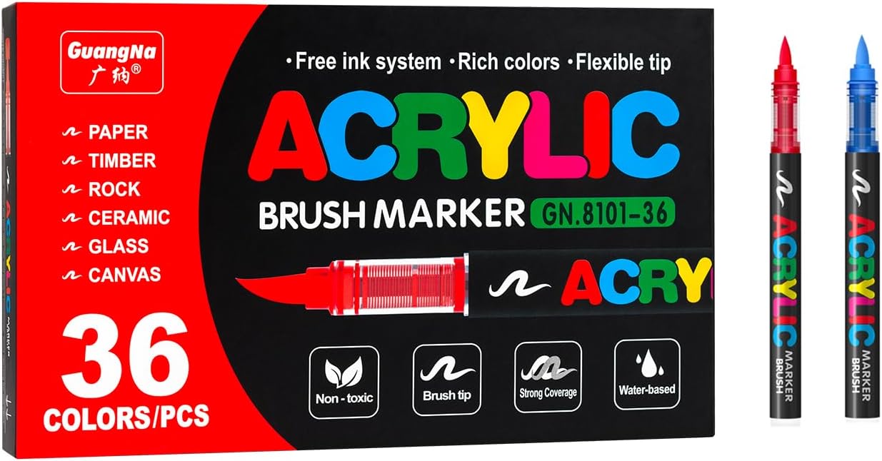 Acrylic Paint Markers Pens, 36 Vivid Colors Acrylic Markers Set,Direct Liquid Type, Stackable Color, Odorless Soft Head，Markers for School，Tooli Art ，Fabric & Creative Crafts (36)