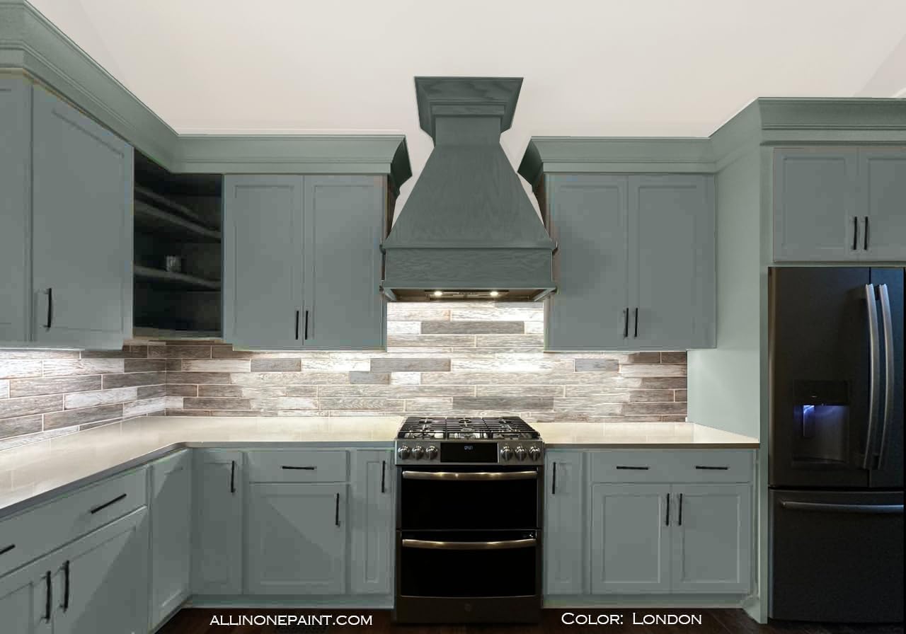 ALL-IN-ONE Paint, Durable cabinet and furniture paint. Built in primer and top coat, no sanding needed. Includes our 30 featured color card - London (green gray), Quart