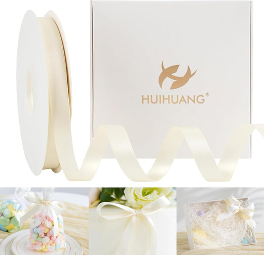 HUIHUANG Ivory Satin Ribbon 1/2 inch X 50 Yards Continuous, Off-White Double-Faced Satin Ribbon for Gift Wrapping, Bows, DIY Crafts, Flower Bouquet, Wedding Bridal Shower Decor, Flower Crowns