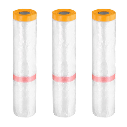 HARFINGTON 3 Rolls Pre-Taped Masking Film 177.2" x65.6ft Double Adhesive Tape and Drape Painters Plastic Drop Cloth Film with Tape Plastic Sheeting for Automotive Painting Covering