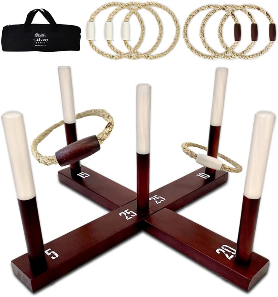 SWOOC Games - Rustic Ring Toss Game (All Weather) - Easy Setup & Extra Games Included - Ring Toss Game for Adults - Outdoor Acitivities for Adults - Yard Toys for Kids - Backyard Fun - Outdoor Party
