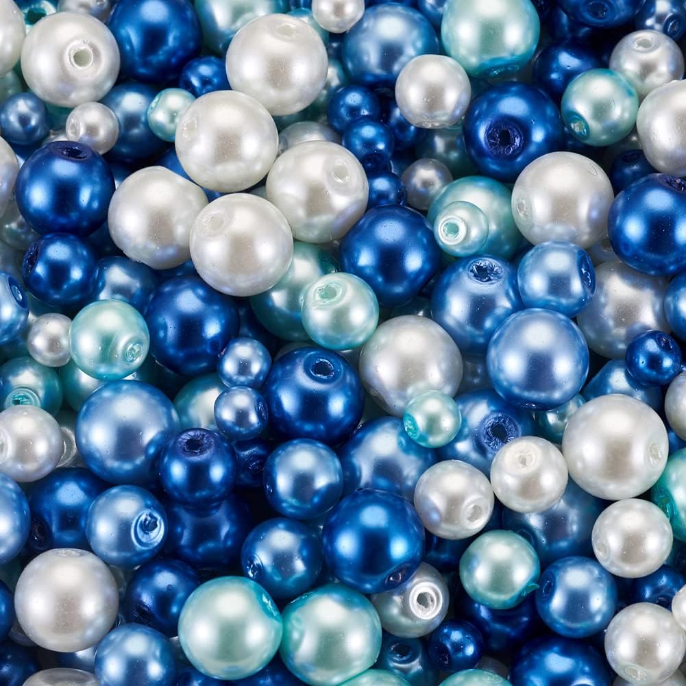 1840Pcs 4/6/8mm Glass Pearl Beads Multi Colors Round Spacer Pearlized Beads for DIY Craft Jewelry Making, Mixed Blue & White