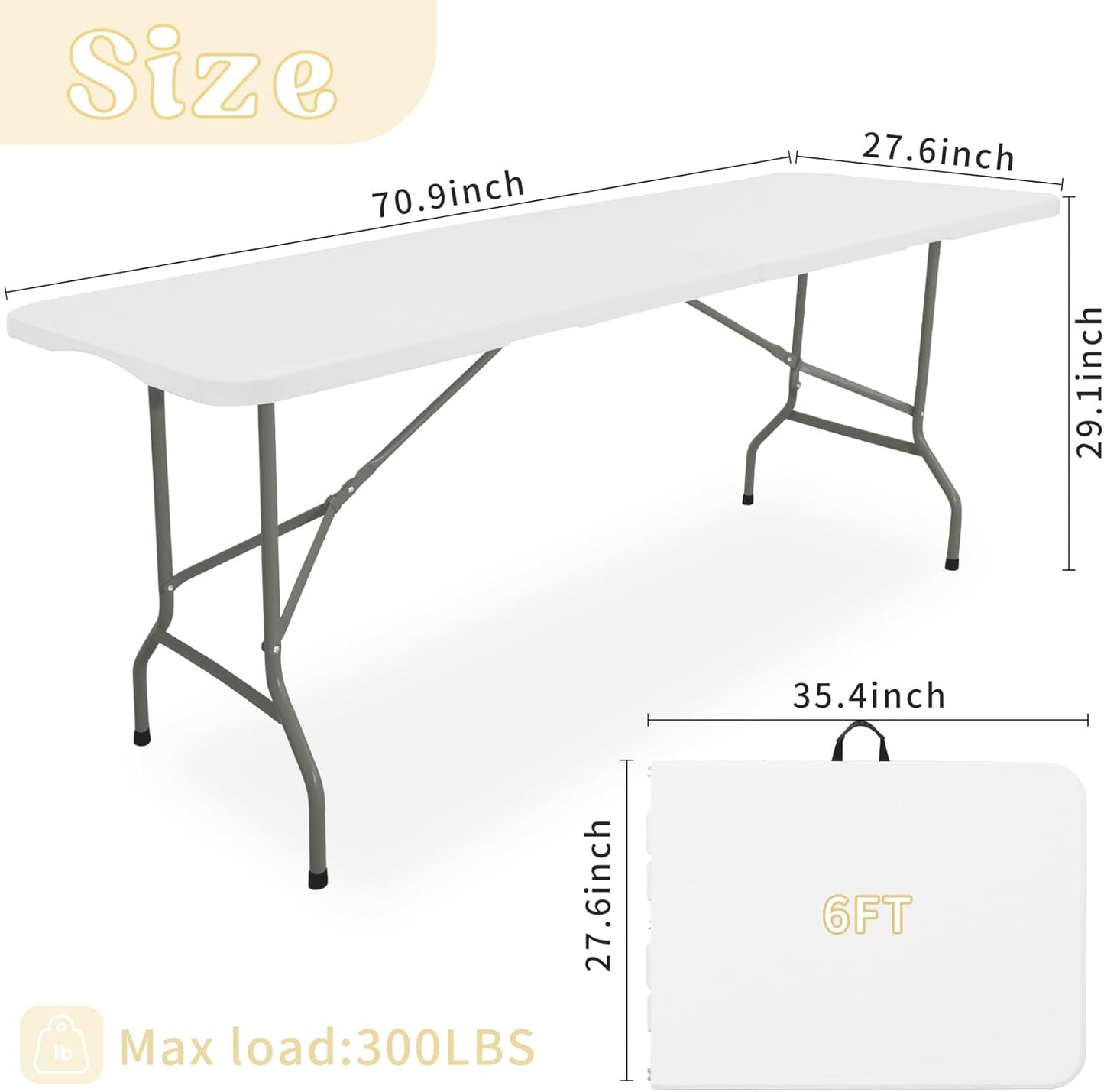 Folding Table 6 FT Lightweight Camping Table Portable Plastic Rectangular Outdoor Dining Table Steel Legs Fold-in-Half with Carrying Handle for Indoor,Picnic,Party,Wedding,Events(White)