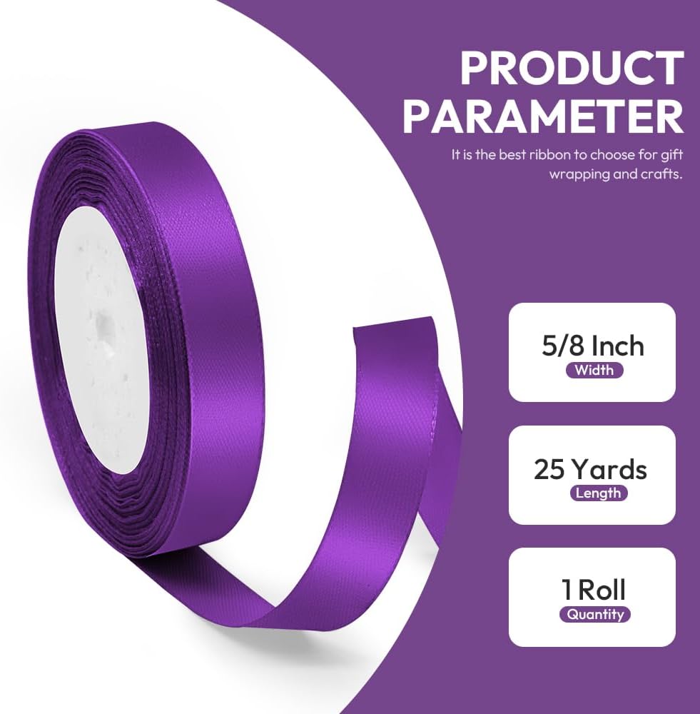 5/8" x 25 Yards Satin Ribbon, Purple Silk Ribbon Ideal for Gift Wrapping, Floral Bouquets, Crafts, Wedding Party Decorations, Christmas and Sewing Projects