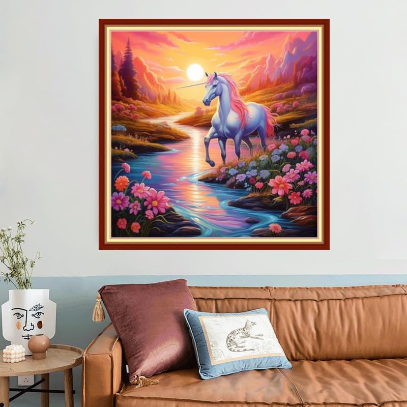 Joyhoor Stamped Cross Stitch Kits for Beginners, Needlepoint Kits for Adults, 11CT Counted Embroidery Kits-Sunrise Unicorn 18x18 inchs