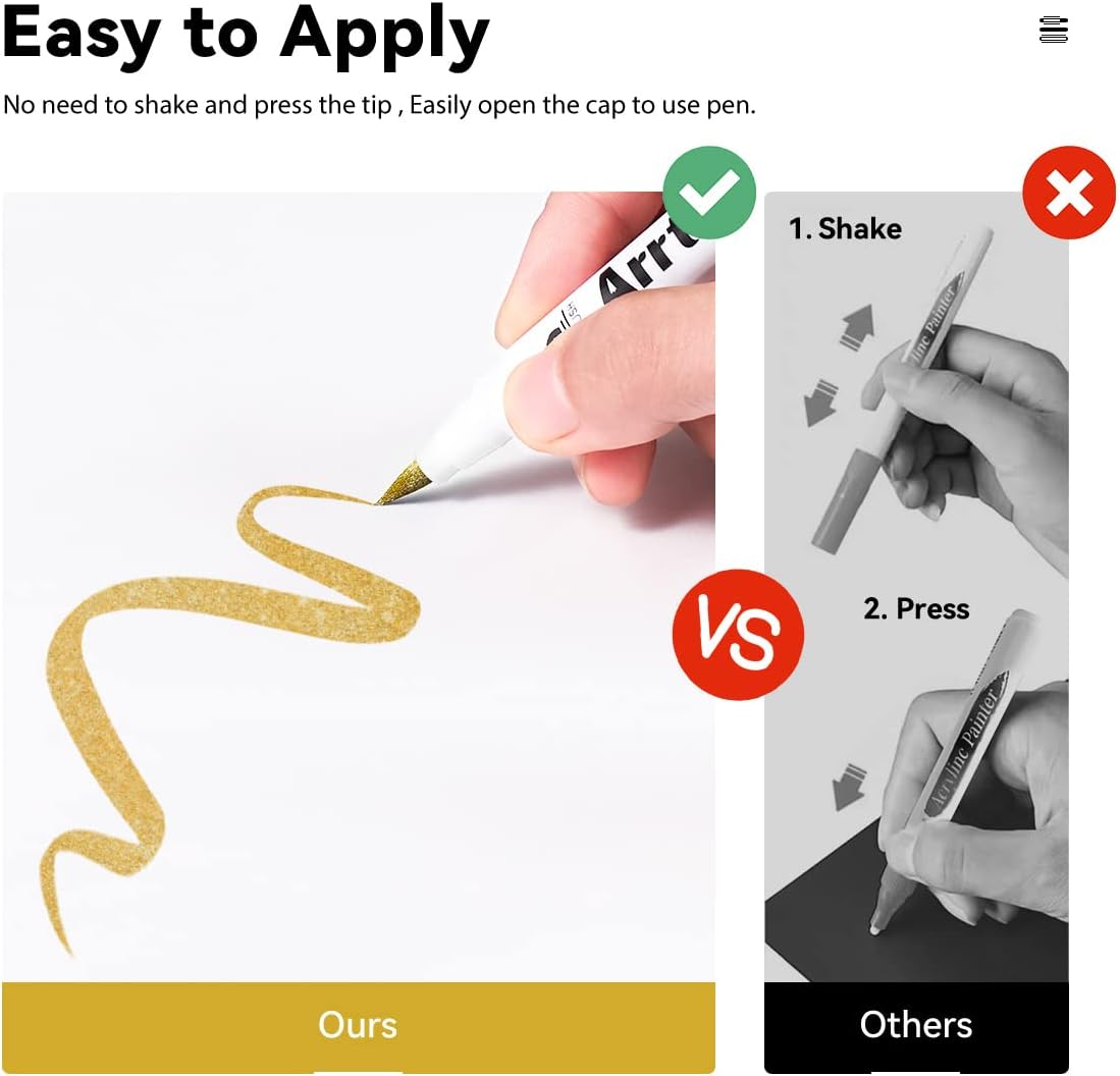 Arrtx Acrylic Paint Pens, 10 Pack Extra Brush Tip White Paint Markers Metallic for Rock Fabric Wood Glass Canvas Ceramic, 4 White 4 Black 1 Gold & 1 Silver, Water Based Ink, DIY Crafts